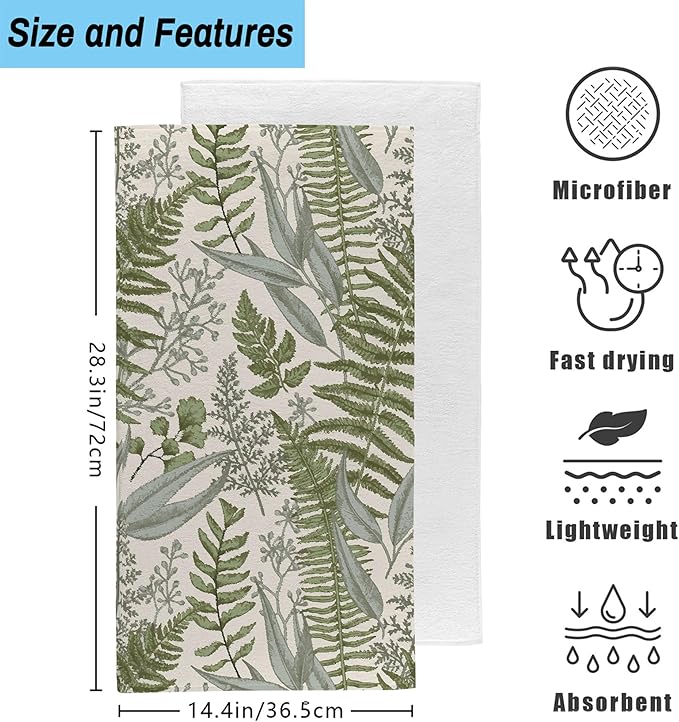 Green Fern Leaves Hand Towel for Bathroom Set of 2,Watercolor Botanical Plant Leaves Bathroom Hand Towel,Soft Absorbent Decorative for Hotel Home Decor