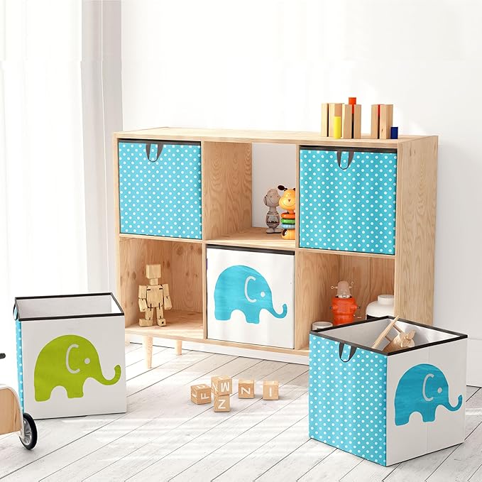 Bacati - Small Storage Tote Elephants Aqua/Lime/Grey 10 X 10 X 10 inches