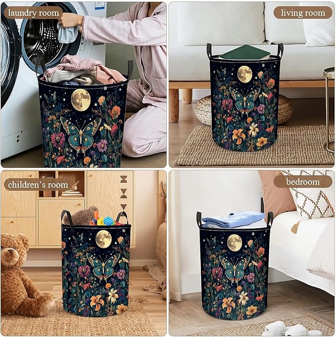 Butterfly Garden Laundry Basket for Women, Large Canvas Collapsible Organizer Storage Basket for Nursery,Office,Toy Organizer,Home,Decor - 19.7" X 15.7 "