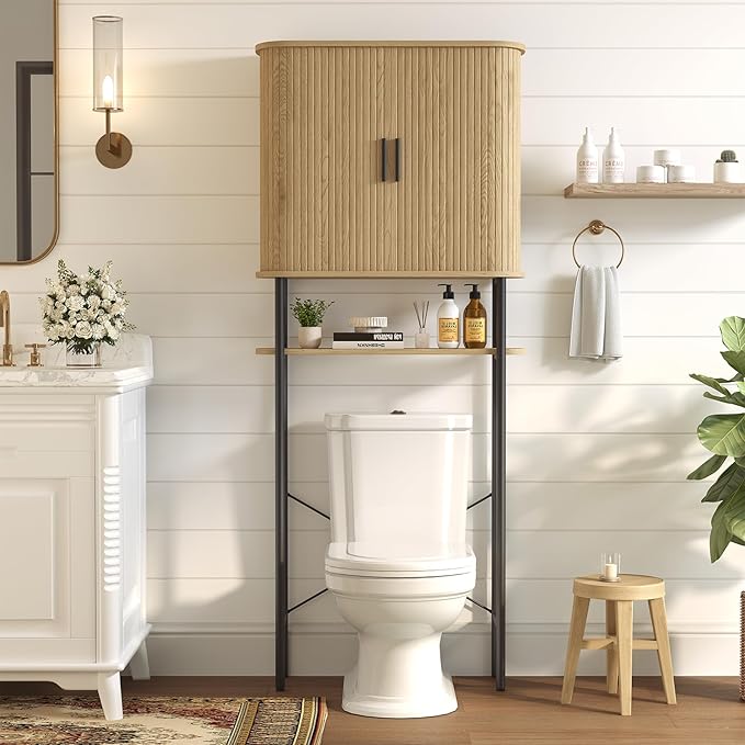 Over The Toilet Storage Cabinet with 2 Sliding Doors, Adjustable Shelf Bathroom Organizers and Storage with Anti-Tip Device, Waterproof, Space Saver for Bathroom, Restroom, Laundry, Natural