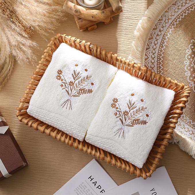 2 Pcs Boho Flowers Hand Towels Beige Bathroom Wildflowers Decor 14x29 Inch Embroidered 100% Cotton Soft Absorbent Spring Summer Decorative Hand Towels for Bathroom Kitchen