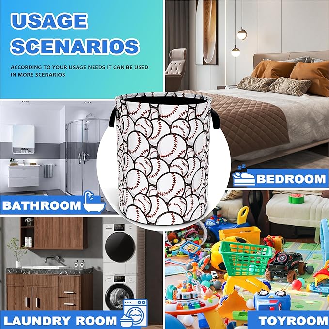 Baseball Laundry Basket Ball Sports Oxford Cloth Laundry Hamper With Handle Foldable Portable Clothes Storage Basket 18.9 X 16.5 In Storage Bag For Laundry Room/Bathroom/Bedroom/Dormitories