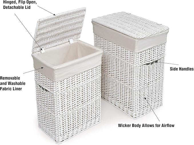 Badger Basket Wicker Nursery Laundry Hampers with Removable Liners and Hinged Lids – Set of 2 Large Clothes Storage Baskets for Baby, Kids, or Home Organization – White/White Finish