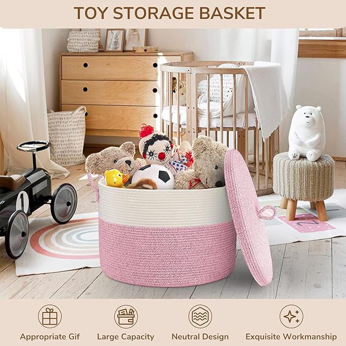 21" x 18" Extra Large storage baskets,Eco-friendly Decorative blanket basket with lid for Living room,rope baskets with lid,wicker hamper for bedroom,Big,Round,Pink 115L