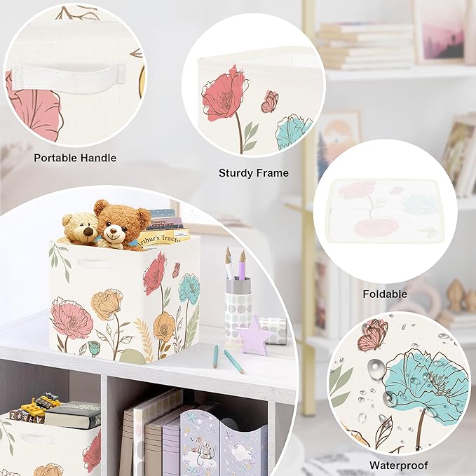 11.8" Wild Flower Storage Cube Organizer Set 3Pcs Clothes Storage Basket Bin for Closet Shelf Garden Butterfly Nursery Kid Room Book Toy Chest, Boho Leaf