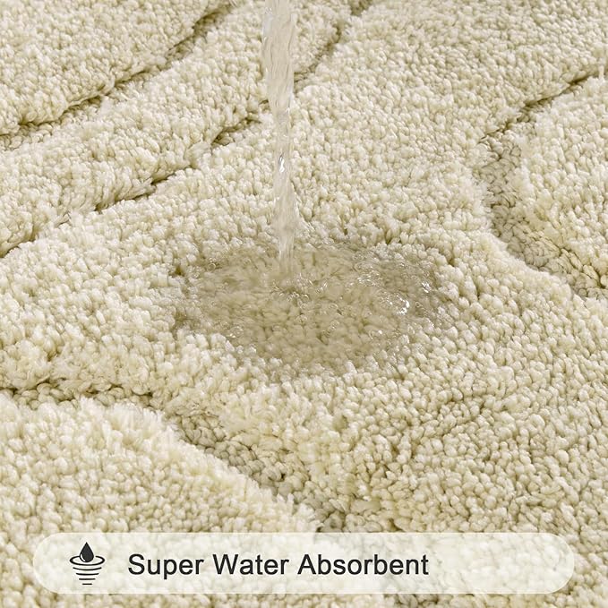HEBE Bathroom Rugs Sets 5 Piece, Soft Absorbent Microfiber Bath Mat for Bathroom, Non Slip Washable Bath Rug Set with Toilet Cover, Bath Runner and U-Shaped Contour Toilet Rug, Light Beige