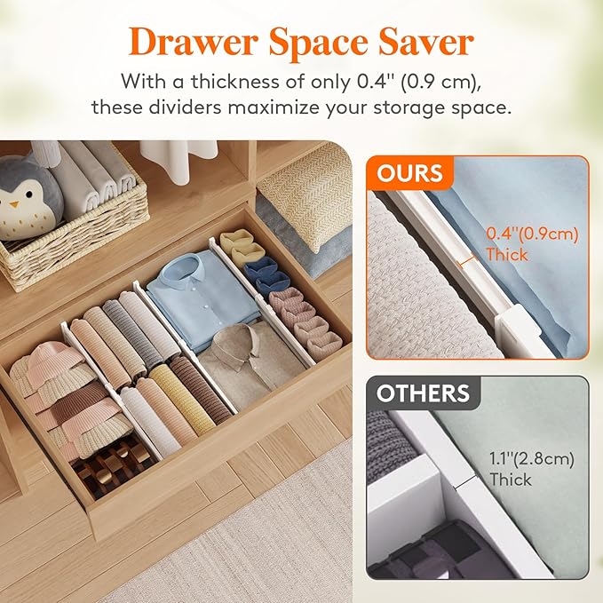 Lifewit 4" Tall 12 Pack Drawer Dividers, 35-56.5cm/13.8-22.2" Expandable Drawer Divider for Clothes, Adjustable Dresser Drawer Organizers, Drawers Separators for Dresser/Bathroom/Closet/Kitchen White