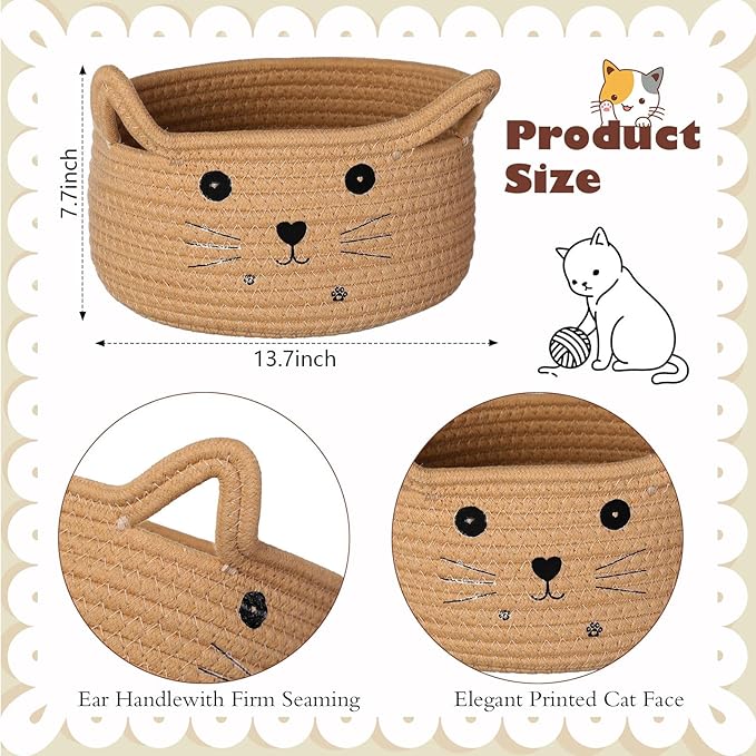 Zopeal Cat Basket Storage Woven Organizer with Ears Christmas Decorative Pet Toy Cute Cotton Rope Basket for Gift Cat Dog Toy Bin Nursery Room(13.7 x 7.8 Inch,Khaki)