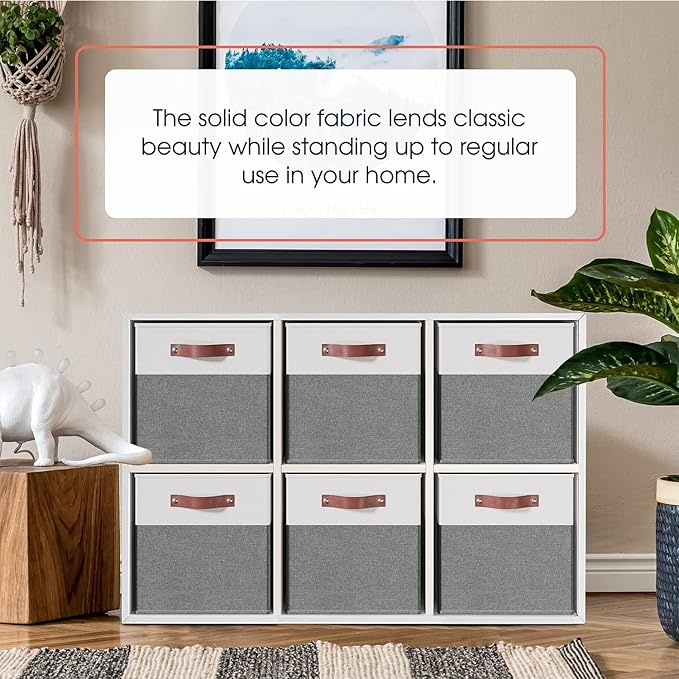 Ornavo Home 13 x 15 x 13 Kallax Storage Cube Bins, Foldable Collapsible Fabric Storage Bins Box Linen Shelf Basket Cube Organizer for Closet with Leather Handles, 6 Pack, White/Gray