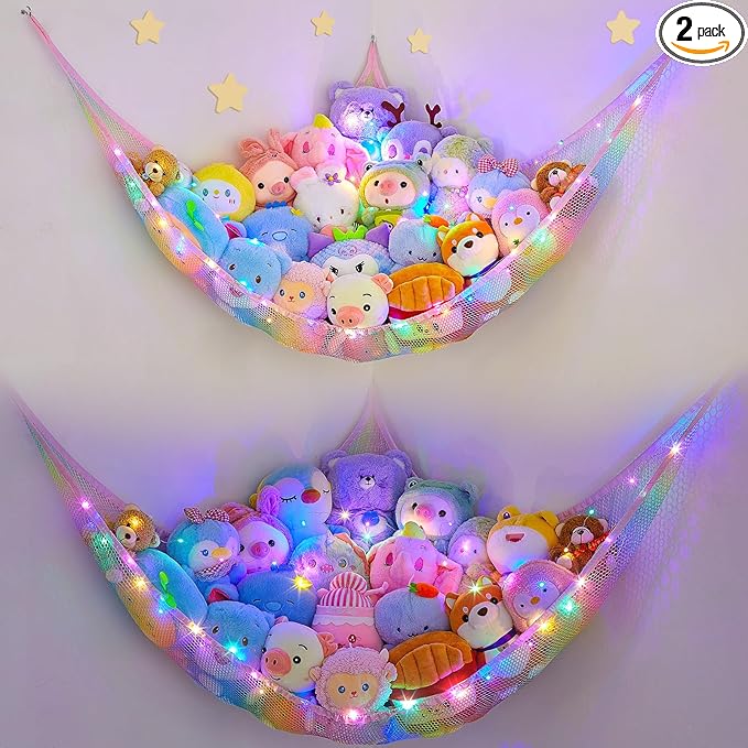 Unicorn Castle Stuffed Animals Net or Hammock Kids Toy Storage Organizer with LED Light Hanging Corner Stuffed Animals Holder Kids Girls Room Decor,Rainbow-A,Large (Pack of 2)