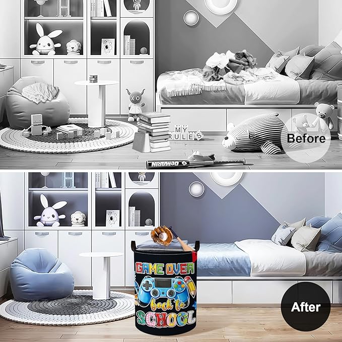 Clastyle Cool Game Storage Basket Kid Game Controller Clothes Laundry Hamper Collapsible Boy Toy Box for Nursery Palyroom,School Black,36 * 45 cm