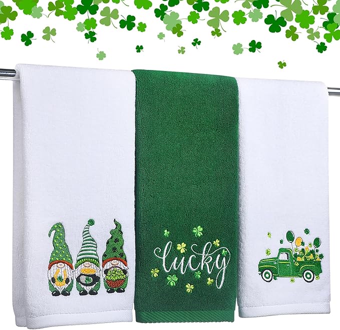 3 Pack Valentine's Day Bath Hand Towels Embroidered 100% Cotton 13.7 x 29.5 in Valentines Red Heart Love Bathroom Kitchen Decorations Valentines Day Dish Towel Gift Set(Green,Gnome)