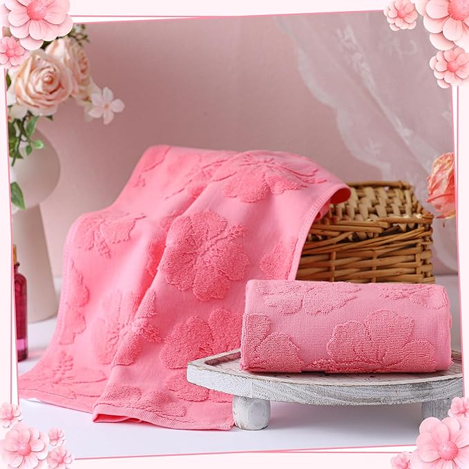 2 Pcs Floral Hibiscus Hand Towels for Bathroom Pink Hibiscus 100% Cotton Jacquard Weave Bath Towel Set Soft Absorbent Dish Washcloth for Bathroom Kitchen Summer Theme Gifts 13.8 x 29.5