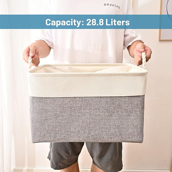 HOdo Home 15.8×11.8×9.5 In/3PCS Storage Bins, Fabric Bin with Drawstring Closure and 2 Bold Handles, Collapsible Large Canvas Baskets for Organizing Shelf Nursery Home Closet (White and Grey)