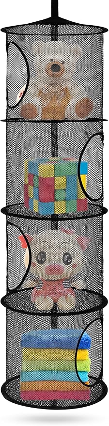 Hanging Stuffed Animal Storage, Foldable Corner Stuffed Animal Storage Organizer 4 Compartments Toy Storage Organizer for Kid Room Toys, Gloves,Hats,Socks Storage（Black）