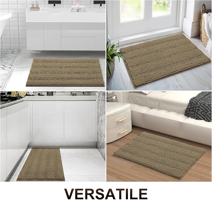 Grandaily Chenille Striped Bathroom Rugs 24x16, Extra Thick and Absorbent Bath Mats, Non-Slip Soft Plush Shaggy Shower Carpet, Machine Wash Dry, Bath Rug for Bathroom, (Small, Tan)