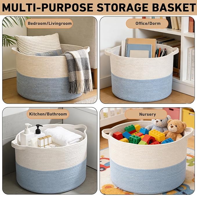 65L Large Blanket Basket,19.7" L x 19.7" W x 13" H Rope Woven Baskets with Handles, Toys Storage Bins,Laundry Basket Perfect for Living Room, Nursery,Bedroom,Home Organization,White&Blue