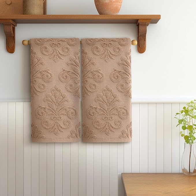 2 Pcs Quality Floral Jacquard Hand Towels Set for Bathroom Brown Hand Towels 100% Cotton Absorbent Decorative Weave Bath Decor Neutral Bathroom Decor Gift, 13.7 x 29.5 Inch
