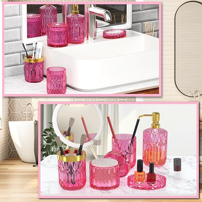 Hot-Pink Glass Bathroom Accessories Set 5 Pcs, Hot-Pink Bathroom Set, Soap Dispenser and Toothbrush Holder Set, Qtip Holder Set, Vintage Bathroom Sink Set, Cute Bathroom Decor