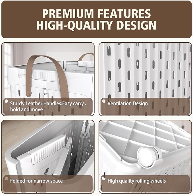UAK Plastic Laundry Basket with Wheels & Handle, 67L Heavy Duty Foldable Laundry Hamper – Easy Clean Waterproof Rolling Organizer for Bathroom & Laundry Room, White