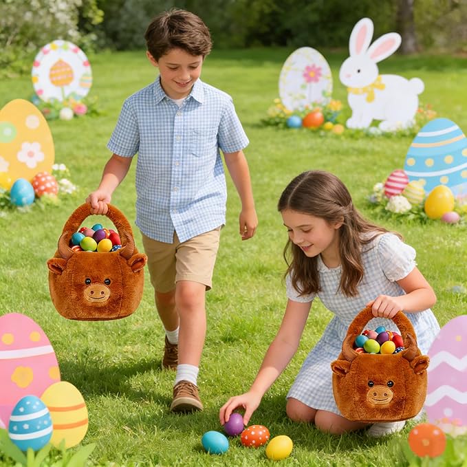 Easter Basket, Easter Baskets for Kids, Highland Cow Baskets with Handle for Gifts Empty, Bunny Egg Hunting, Basket Stuffers Essentials