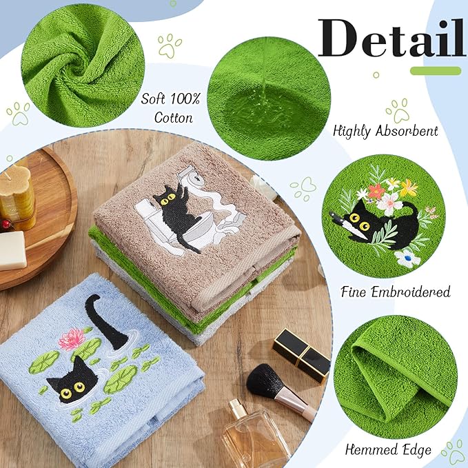 4 Pack Funny Black Cat Hand Towels Embroidered Towels Set for Bathroom Kitchen Decor Soft Absorbent Cotton Face Wash Cat Lover Gifts for Women Men Home Accessories 29" x 13"