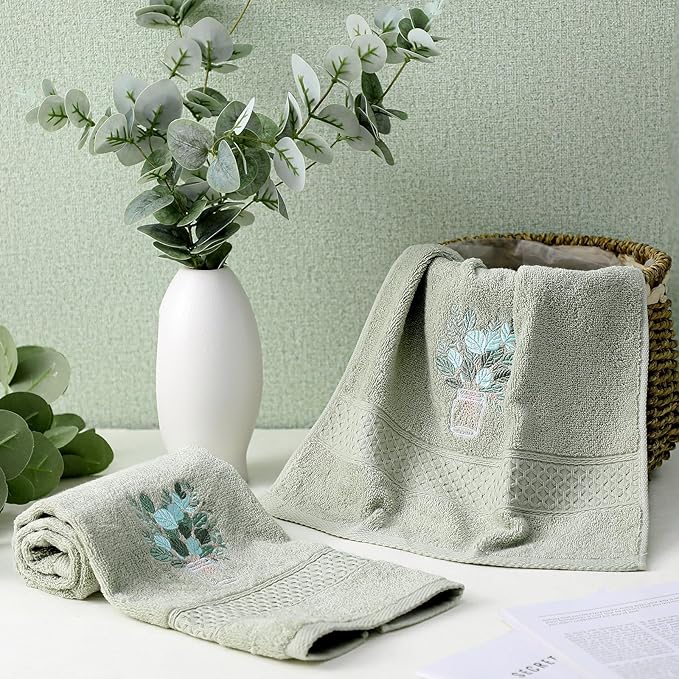 2 Pcs Eucalyptus Hand Towels Gray Green Bathroom Decor 14x29 Inch Embroidered 100% Cotton Soft Absorbent Spring Summer Decorative Hand Towels for Bathroom Kitchen