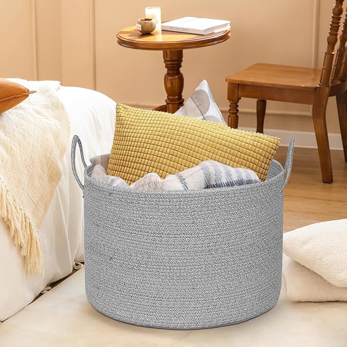21" x 18" Extra Large storage baskets,Decorative blanket basket with lid for Living room,rope baskets with lid,wicker hamper for bedroom,Big,Round,Grey