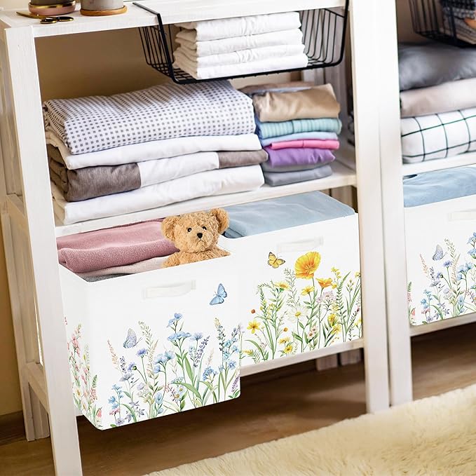 11.8" Wild Flower Storage Cube Organizer Set 3Pcs Clothes Storage Basket Bin for Closet Shelf Garden Butterfly Nursery Kid Room Book Toy Chest, Plant Bush