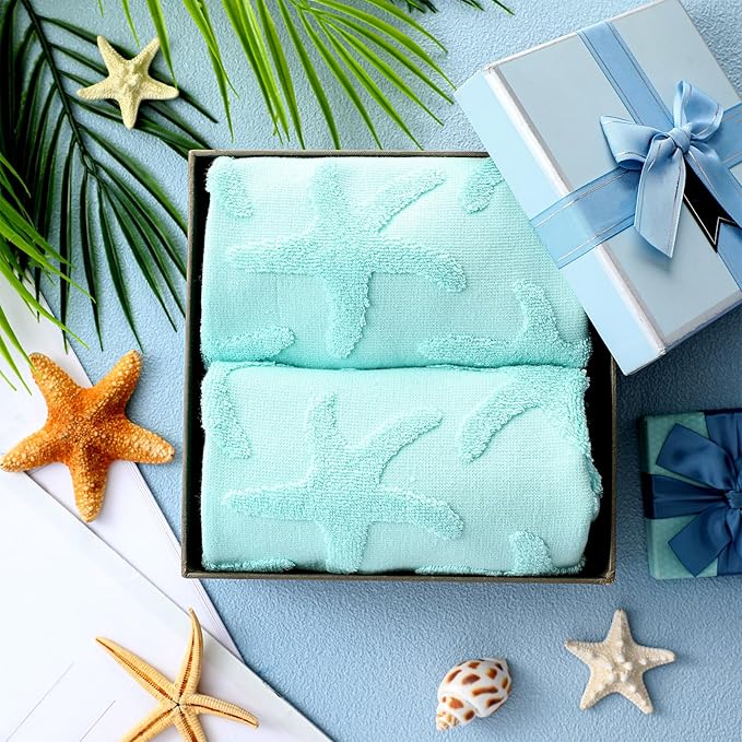 2 Pcs Starfish Hand Towels for Bathroom 100% Cotton Jacquard Weave Bath Towel Set Soft Absorbent Dish Washcloth for Bathroom Kitchen Sea Theme Gifts 13.8 x 29.5 Inch (Blue Green)