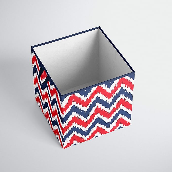 Bacati - Small Storage Tote Mix N Match Ikat Chevron/Dots Navy/Red 10 x 10 x 10 inches