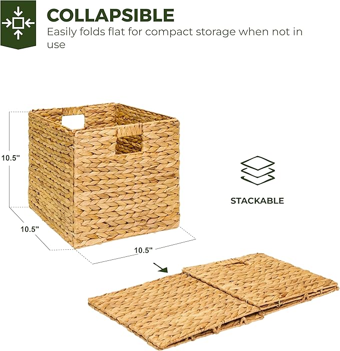 10.5x10.5in Wicker Storage Baskets, Handwoven Water Hyacinth Foldable Cube Bins for 11.5" × 11.5" and Larger Cube Shelves, Set of 6 (Natural)