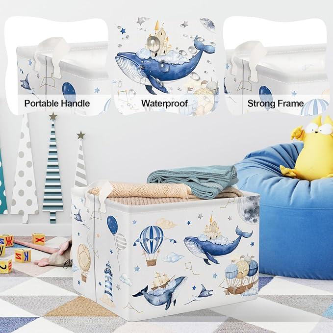 Clastyle Flying Whales Turtle Baby Storage Basket Large Sea Animal Boy Girl Book Gift Toy Bin Collapsible Bedroom Kid Clothes Nursery Hamper