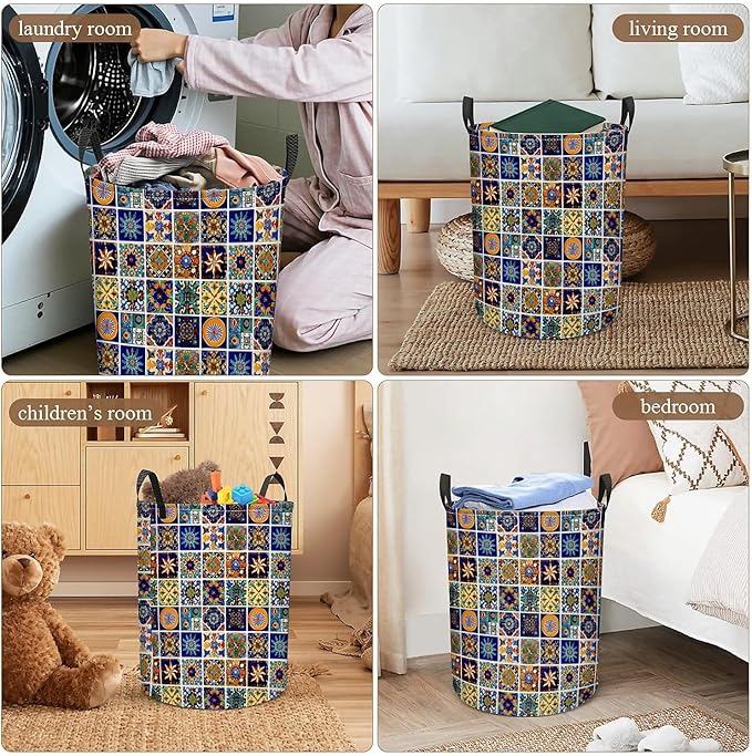 Talavera Mexican Tile Print Laundry Basket, Large Canvas Collapsible Organizer Storage Basket for Nursery,Office,Toy Organizer,Home,Decor - 19.7" X 15.7 "