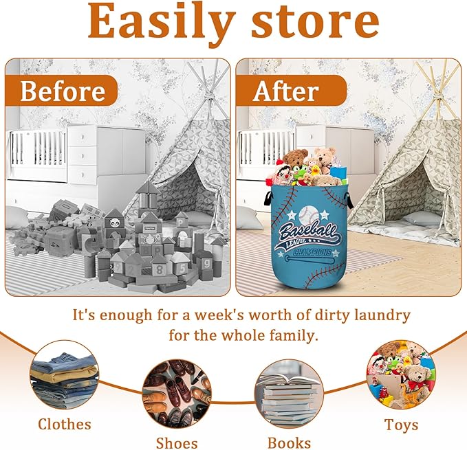 Baseball League Champions Laundry Basket with Sturdy Handles, Collapsible Oxford Cloth Laundry Hamper Organizer Basket for Bathroom Bedroom 15.7x20 Inch