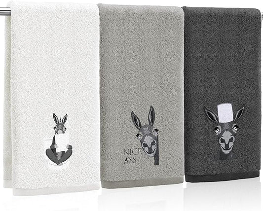 3 Pcs Funny Donkey Hand Towels Embroidered Donkey Farmhouse Decorative Bathroom Towels for Bathroom Kitchen Decor, 100% Cotton, 13.3 x 29.5''