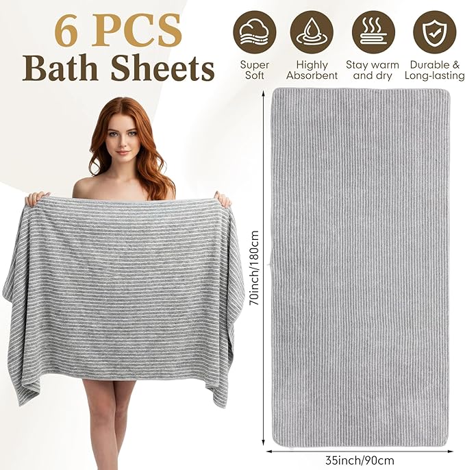 4 Pieces Extra Large Grey Striped Bath Towels Set 35 x 70 in Coral Fleece Oversized Bathroom Pool Towel Highly Absorbent Soft Quick Dry Shower Bath Sheets for Hotel Spa Pool