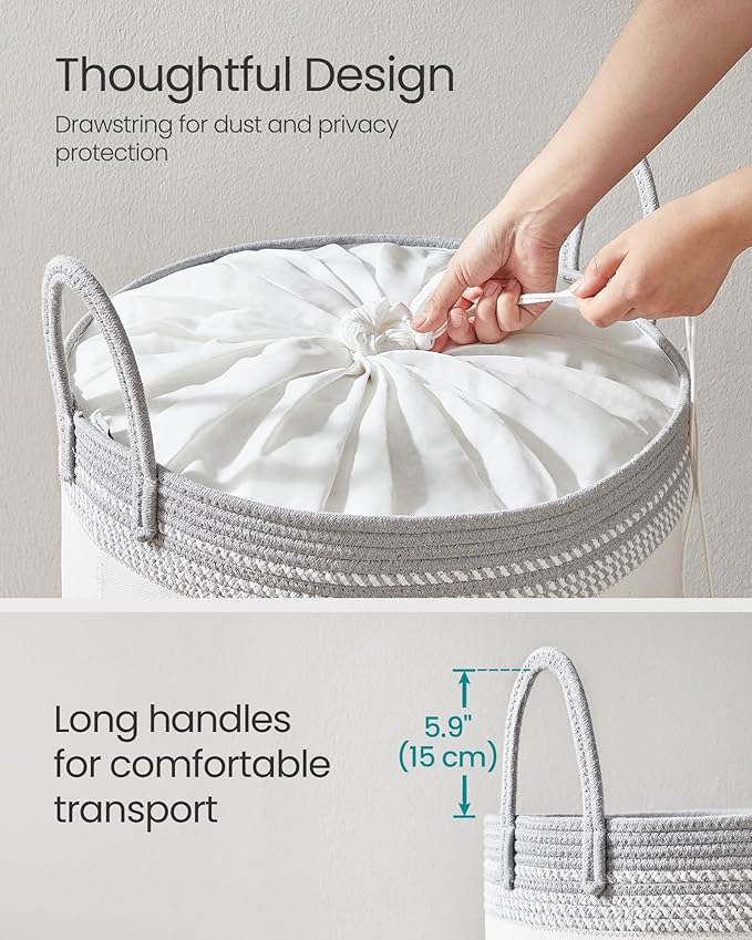 SONGMICS Laundry Hamper, Cotton Rope Laundry Basket with Handles, for Clothing, Living Room, Bedroom, 23.8 Gallons, 19.7 x 19.7 x 18.1 Inches, Cloud White and Dove Gray URLH090G01