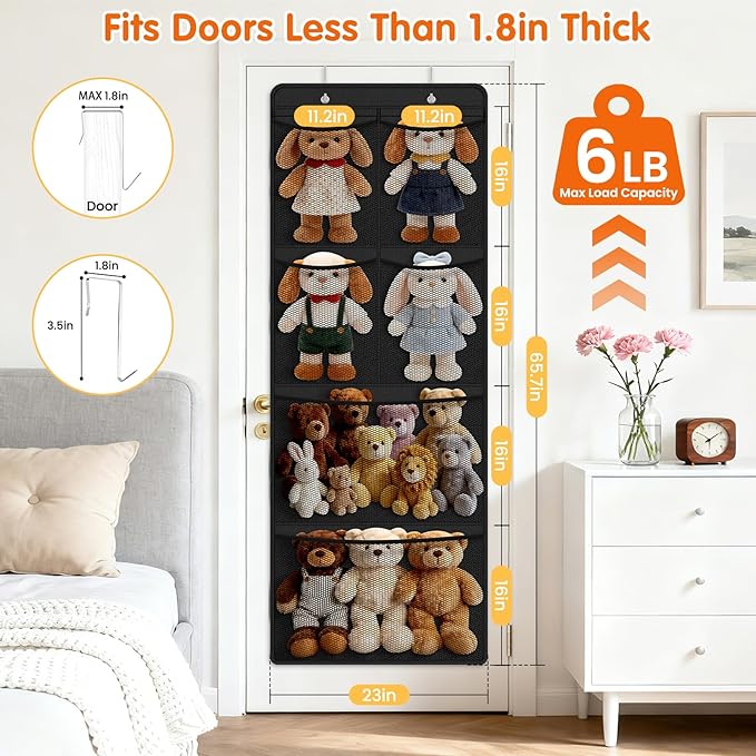 Stuffed Animal Storage - Large Over the Door Organizer with 6 Expandable Mesh Pockets & Metal Hooks, Non-Woven Fabric Hanging Plush Items Holder for Nursery, Bedroom, Playroom (Black)