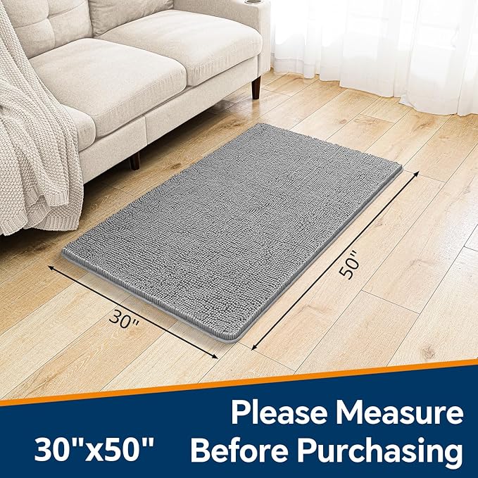 Gray Bathroom Rugs 30"x50" - Large Plush Chenille Non-Slip Runner Bath Mat - Absorbent, Washable, Soft Decor for Shower, Sink, Tub, Floor, Home Accessories