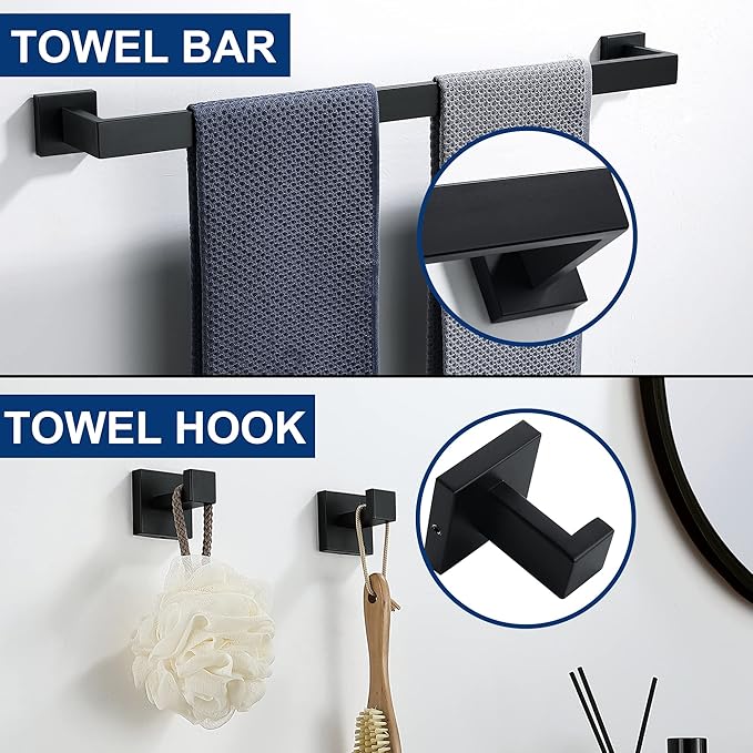 5 Pieces Bathroom Hardware Accessories Set Matte Black, 16Inch Square Towel Racks Set for Bathroom, SUS304 Stainless Steel Towel Bar Set, Toilet Paper Holder with Shelf Wall Mounted