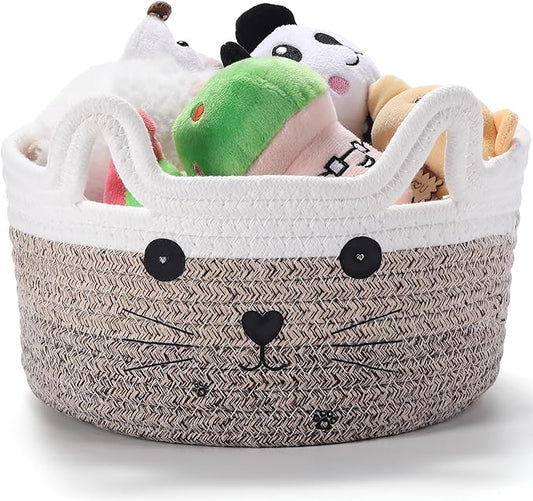 Zopeal Cat Basket Storage Woven Organizer with Ears Christmas Decorative Pet Toy Cute Cotton Rope Basket for Gift Cat Dog Toy Bin Nursery Room(8.3 x 4.7 Inch,Gradient Khaki)