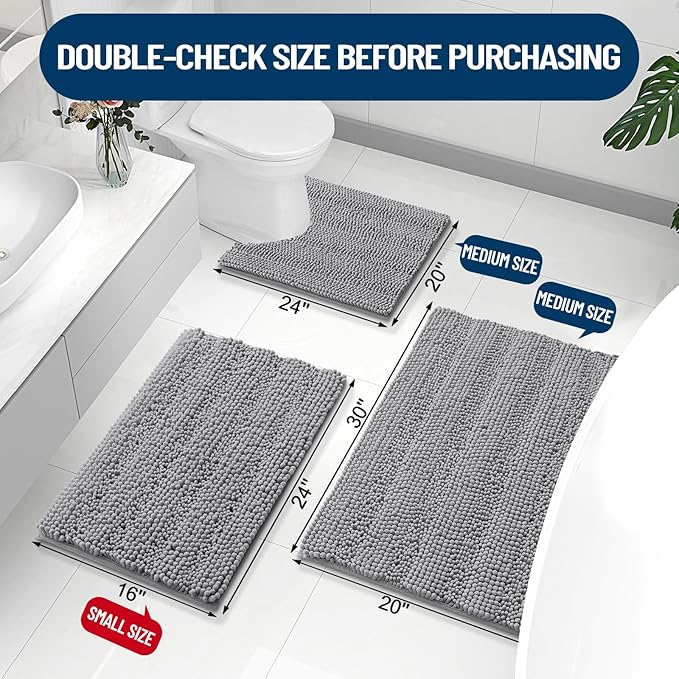 Grandaily Chenille Striped Bathroom Rugs 70x24, Extra Thick and Absorbent Bath Mats, Non-Slip Soft Plush Shaggy Shower Carpet, Machine Wash Dry, Bath Rug for Bathroom, Dark Gray