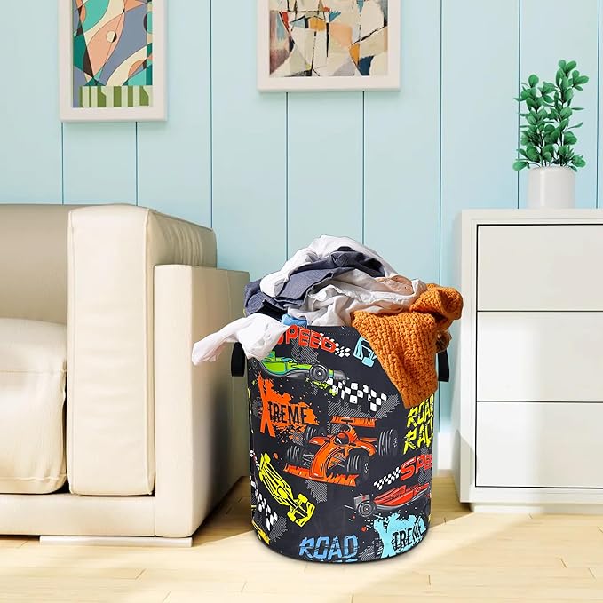 Racing Laundry Basket Oxford Cloth Funny Race Car Laundry Hamper With Handle Foldable Portable Clothes Storage Basket 18.9 X 16.5 In Storage Bag For Laundry Room/Bathroom/Bedroom/Dormitories