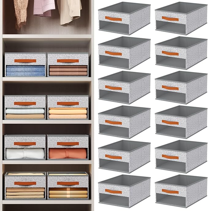 Closet Organizers and Storage - 12 Pack Storage Bins Baskets for Organization Foldable Closet Organizer with Clear Window & Handles for Clothes, Toys, Towels, Small Essential(Ant Light Gray)