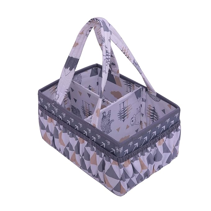 Bacati Woodlands Grey/Beige Neutral Cotton Nursery Storage Caddy, Beige/Grey