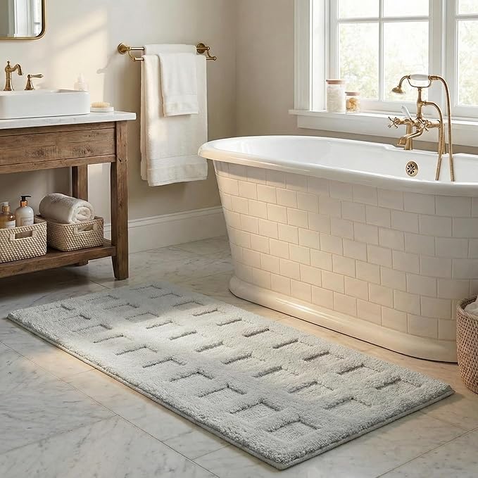GRANNY SAYS Long Bathroom Rugs Non Slip Washable, Extra Soft & Water Absorbent Bath Mats for Bathroom, Plush Shaggy Bath Carpet, Grey Waffle Bath Mat Quick Dry for Shower 71" x 24" Bath Runner Rug