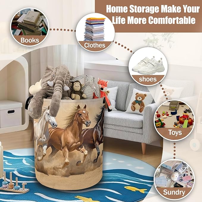 Horses Gallop Laundry Baskets,Laundry Hamper,Storage Basket with Handles for Bathroom Bedroom College Dormitory Living Room Nursery Organizer 16"x20.8"