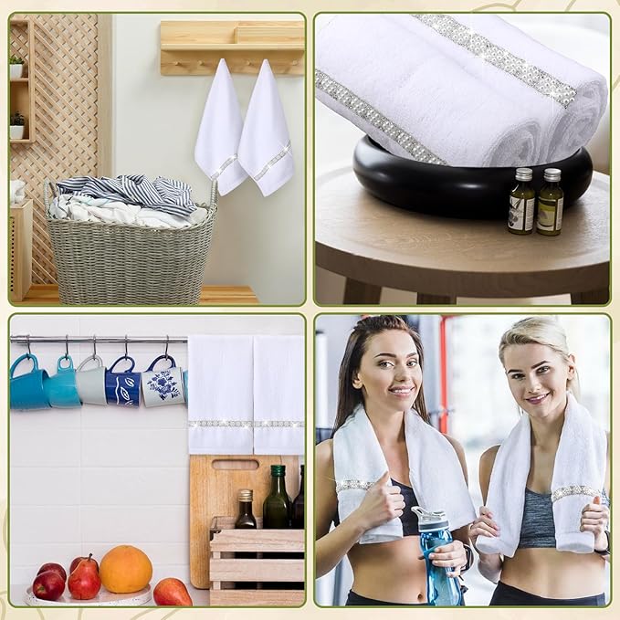 2 Pcs White Sparkling Hand Towels with Pearl for Bathroom 100% Cotton Glitter Soft Elegant Hand Bath Towels Absorbent Machine Washable for Spa Yoga Hotel Sport, 29.5" x 13.8"