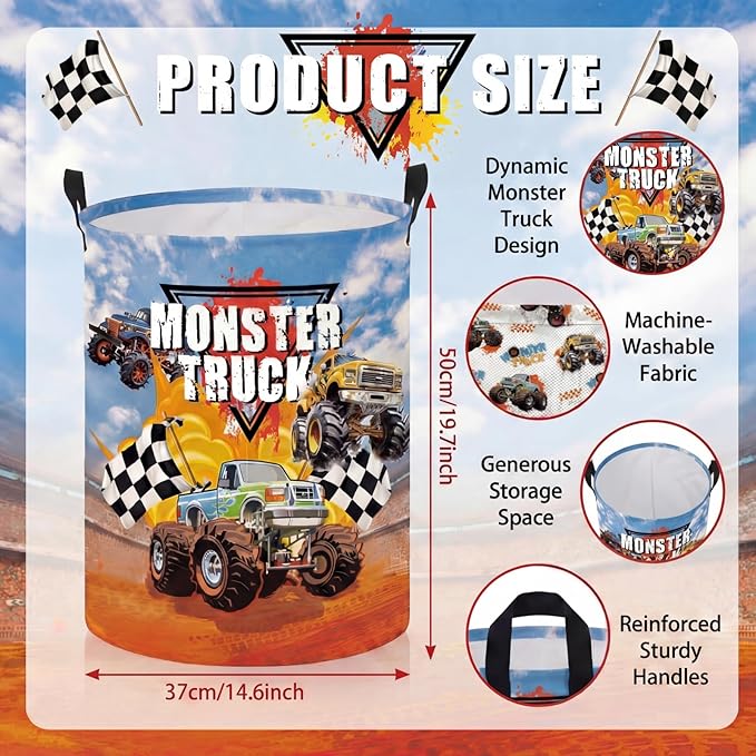 2 Pcs Monster Truck Laundry Hamper Basket Monster Truck Room Decor 19.7x14.6 Inch Round Collapsible Toy Storage Organizer Clothes Basket with Waterproof Layer for Closet Bedroom Playroom